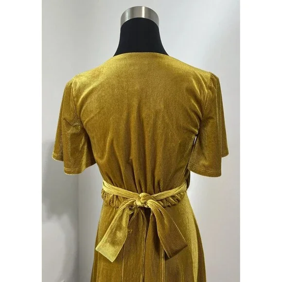 Lovers + Friends Wrap Dress Women's XS Gold Belted Corduroy Ribbed Revolve NEW - Picture 7 of 14